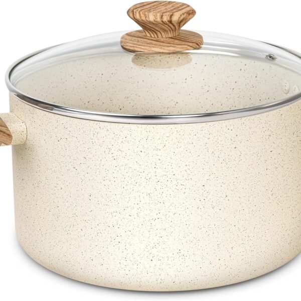 Nonstick Stock Pot - 6 Quart Cooking Pot White Granite, Soup Pot with Lid, Non Stick Pot with Stay-cool Handle, Non-Toxic, Induction Compatible